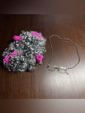 Kids Silver Curly Costume Wig with Pink Rollers and Glasses